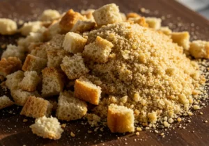 Bread crumbs with a mix of larger, cubed croutons and finer, ground bread crumbs on a wooden surface.