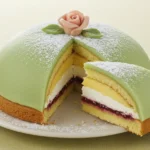 Sliced Swedish Princess Cake with green marzipan, layers of sponge cake, cream, pastry cream, and jam, dusted with powdered sugar, and topped with a pink marzipan rose.