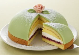 Sliced Swedish Princess Cake with green marzipan, layers of sponge cake, cream, pastry cream, and jam, dusted with powdered sugar, and topped with a pink marzipan rose.