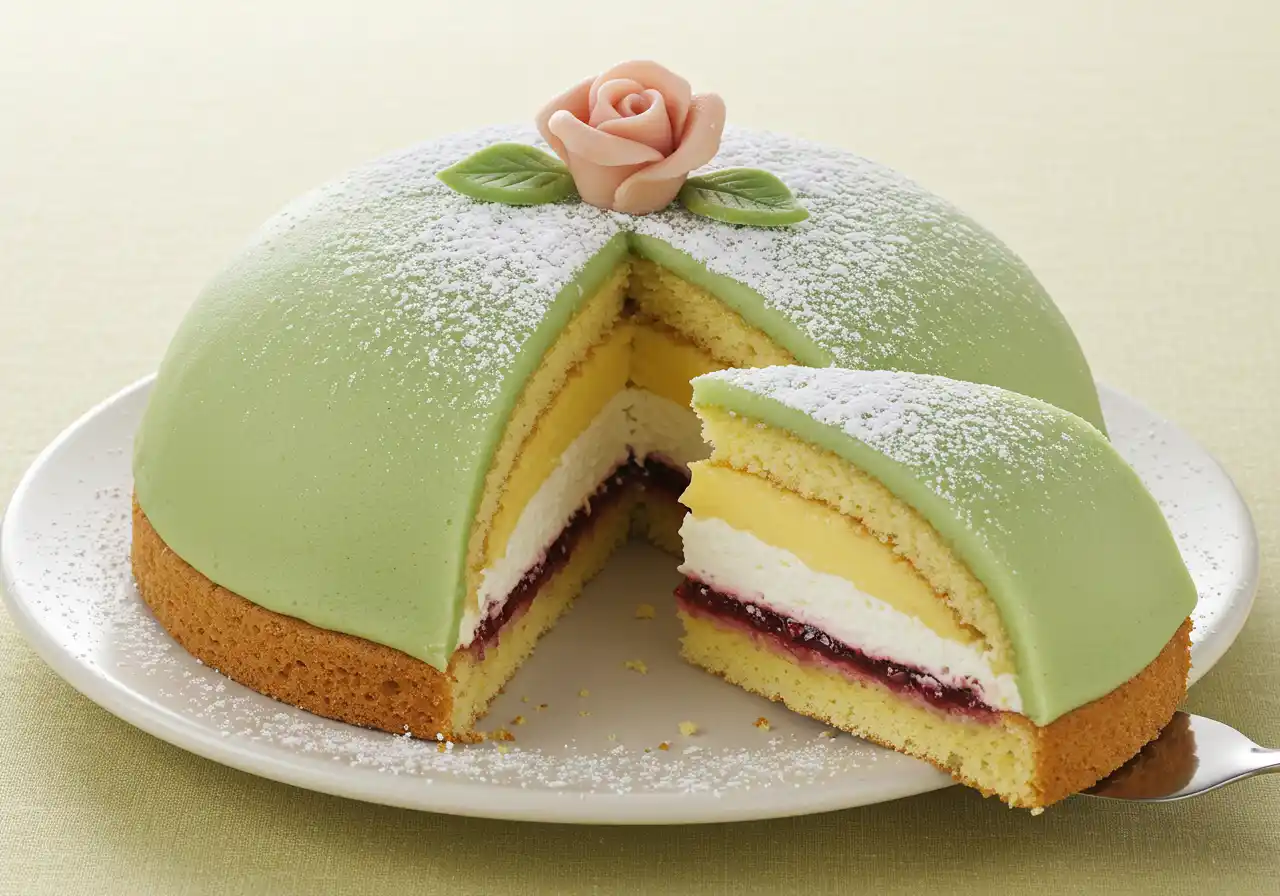 Sliced Swedish Princess Cake with green marzipan, layers of sponge cake, cream, pastry cream, and jam, dusted with powdered sugar, and topped with a pink marzipan rose.