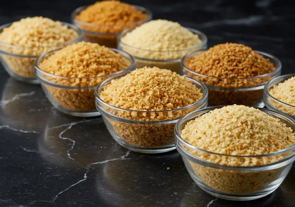 Multiple glass bowls filled with various types of bread crumbs, showing different colors and textures.