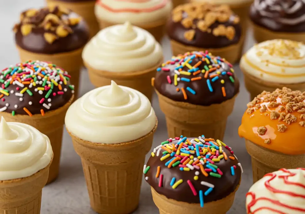  Close-up shot of several ice cream cone cupcakes with various frostings and toppings, including chocolate with sprinkles, vanilla, and caramel with nuts.