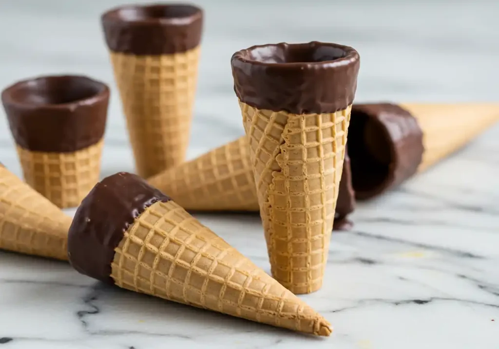 Six waffle cones with chocolate-dipped rims, arranged on a marble surface.