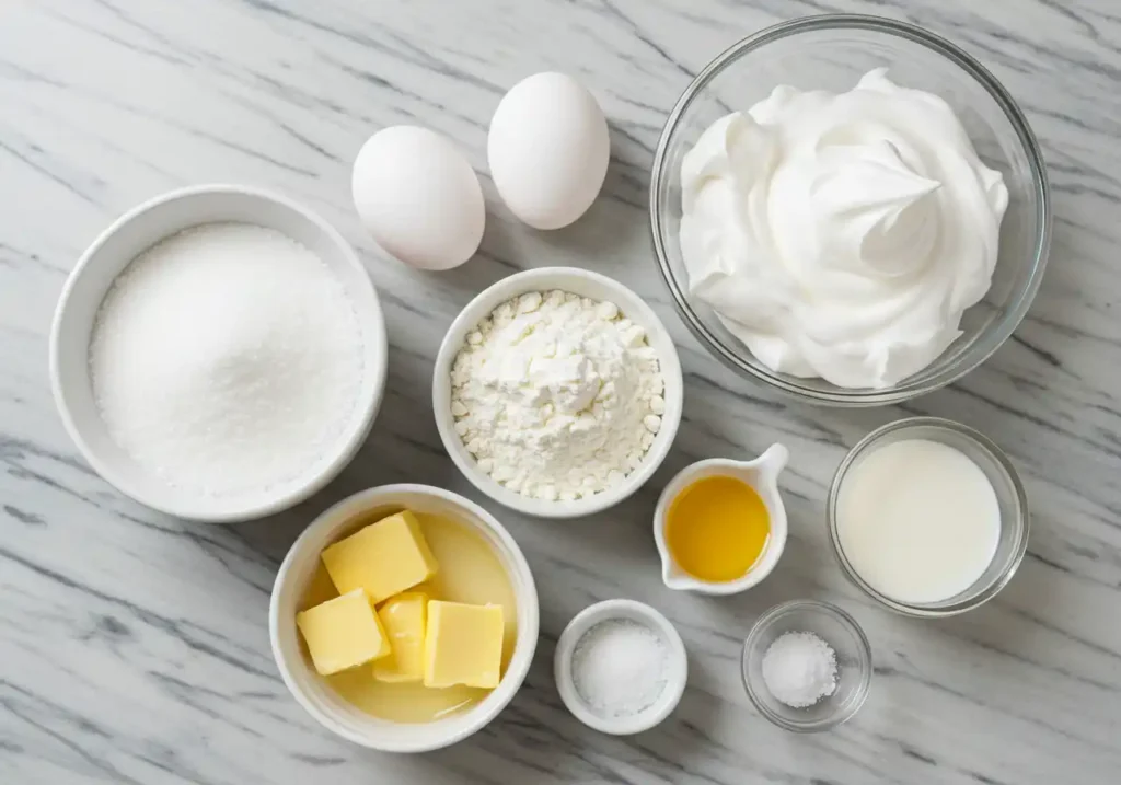 Overhead view of baking ingredients on a marble countertop, including eggs, sugar, flour, butter, whipped cream, milk, honey, and salt in separate bowls.