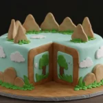 Round cake with light blue frosting, tree and mountain decorations, and a slice cut out showing a tree design inside.