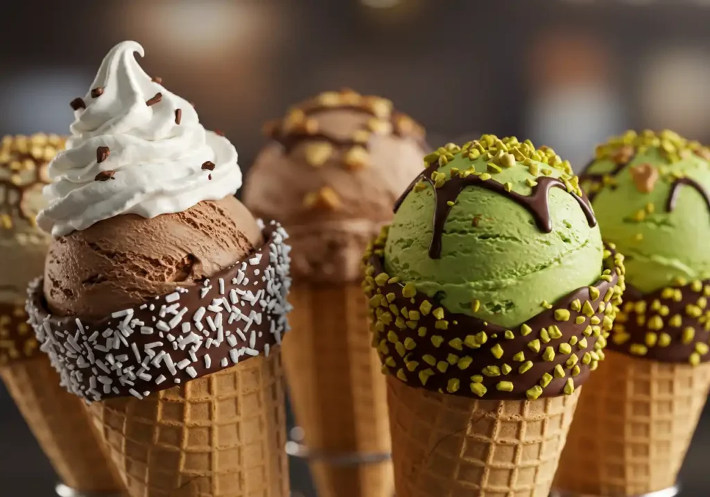 Close-up shot of five ice cream cones with unique toppings and flavors, including chocolate, vanilla, and pistachio, with chocolate-dipped rims and decorative sprinkles.