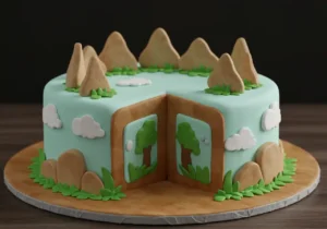 Round cake with light blue frosting, tree and mountain decorations, and a slice cut out showing a tree design inside.