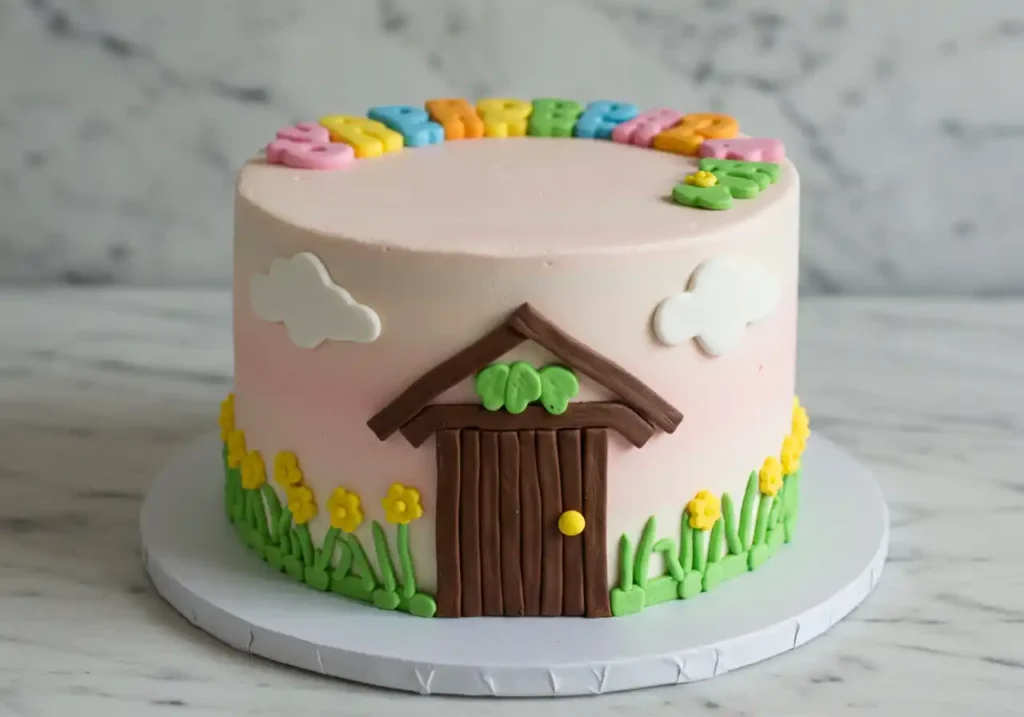 Nanalan-themed cake with a shed door, flowers, clouds, and colorful lettering.