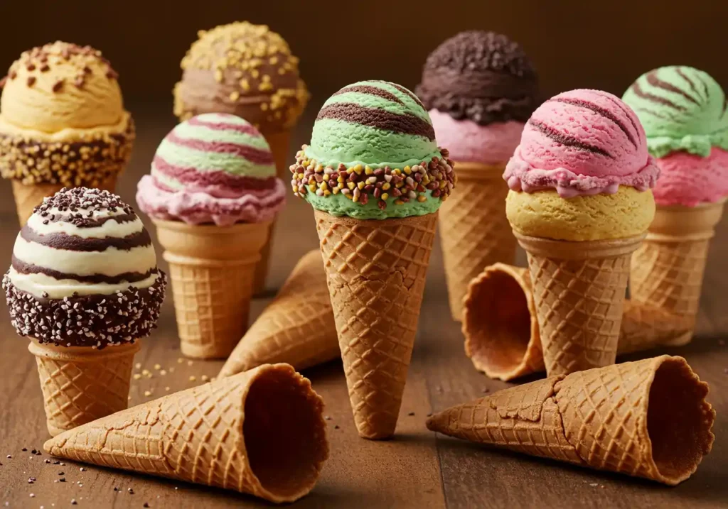 Assortment of colorful ice cream cones on a wooden surface, including chocolate, vanilla, strawberry, mint, and other flavors, some with sprinkles and toppings.