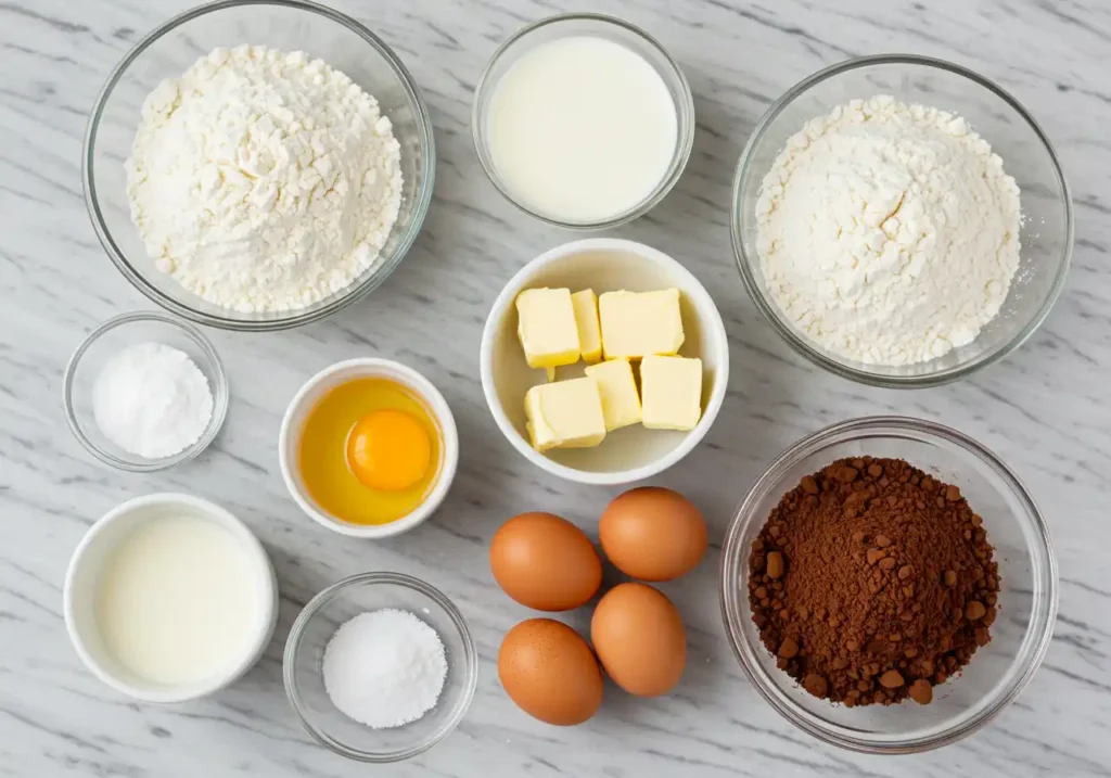 Assortment of  recipe ingredients: flour, milk, butter, eggs, cocoa powder, sugar, and baking powder on a marble surface.