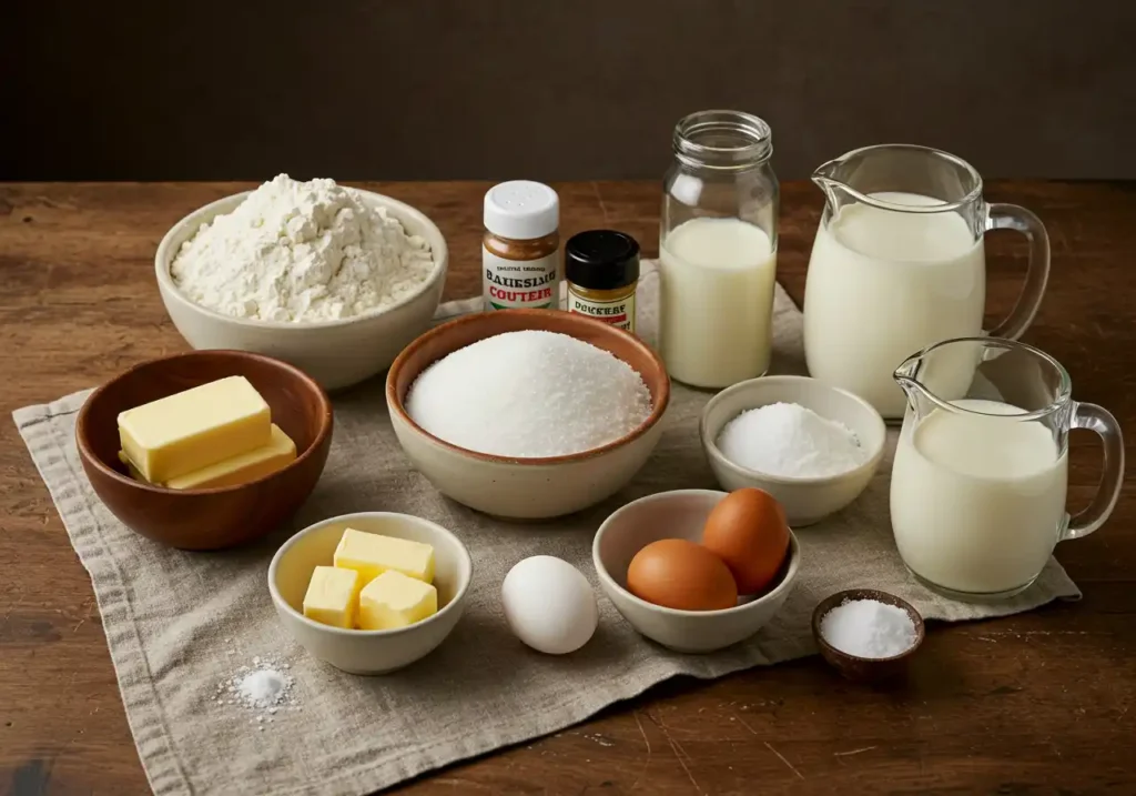 Assortment of cake ingredients: flour, sugar, butter, eggs, milk, baking powder, vanilla, and salt on a wooden table.