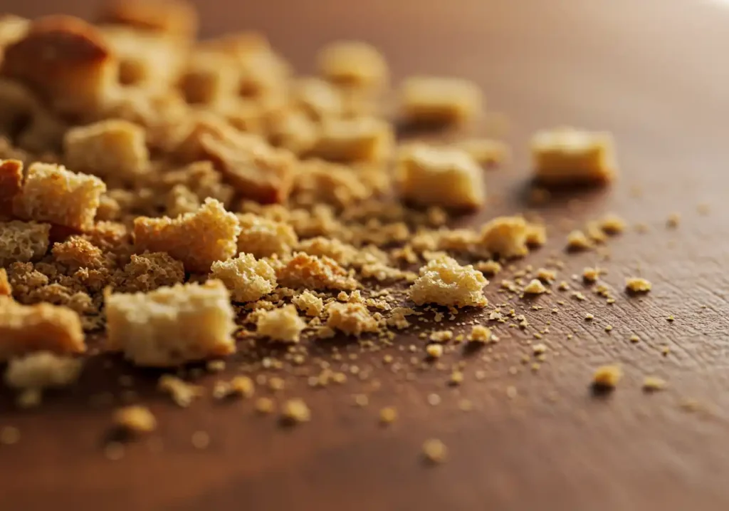 Close-up of golden and crunchy breadcrumbs scattered on a wooden surface.