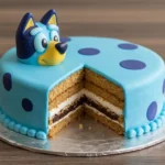 Bluey cake with a sculpted Bluey head, blue frosting, purple spots, and a slice cut out to show the layers.