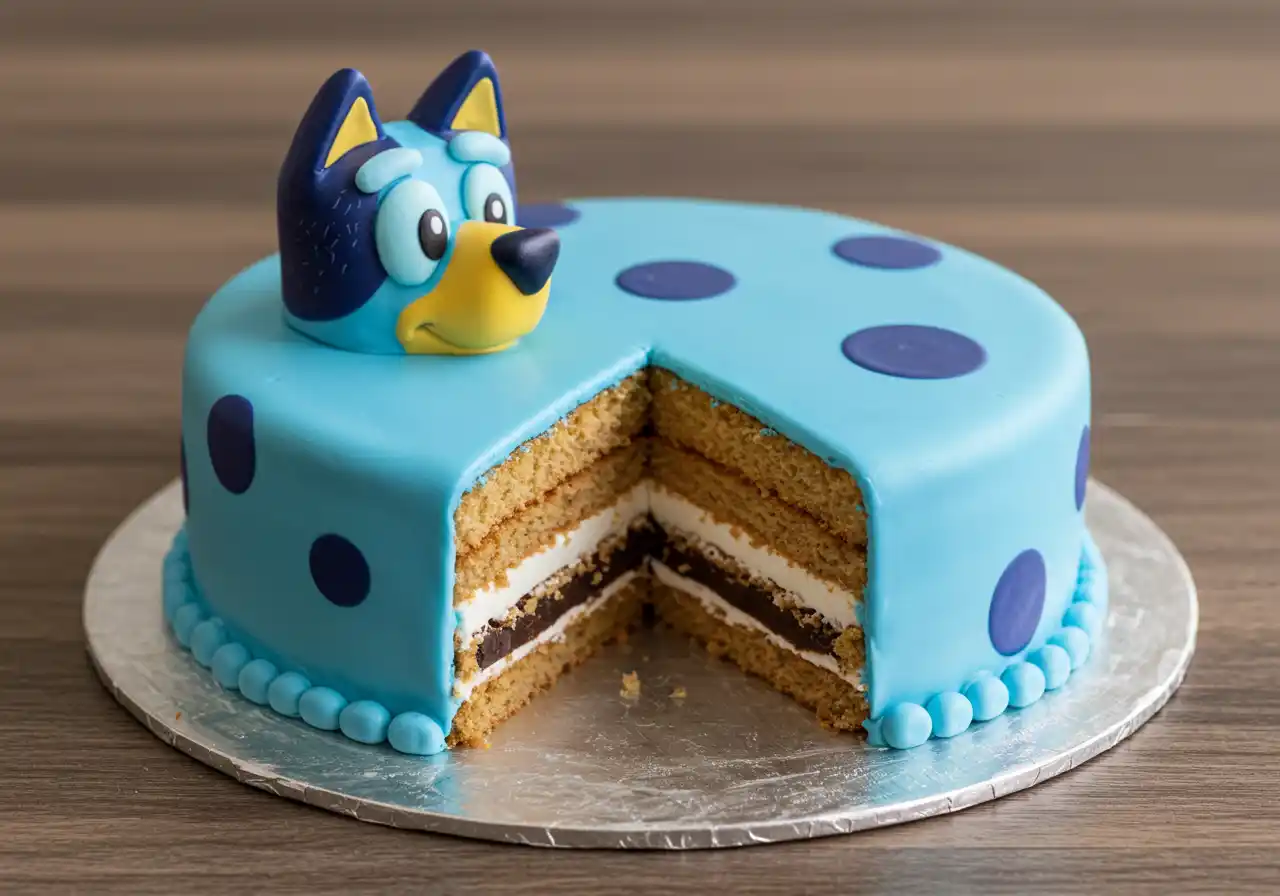 Bluey cake with a sculpted Bluey head, blue frosting, purple spots, and a slice cut out to show the layers.