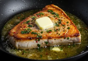 Pan-seared fish steak in a pan with butter, herbs, and spices