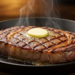 Split image showing raw steaks, eggs, and butter on the left, and a cooked steak and omelet on the right, for simple carnivore meals.