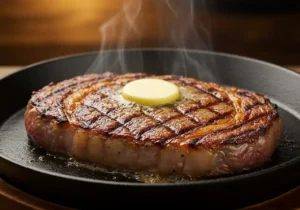 Split image showing raw steaks, eggs, and butter on the left, and a cooked steak and omelet on the right, for simple carnivore meals.