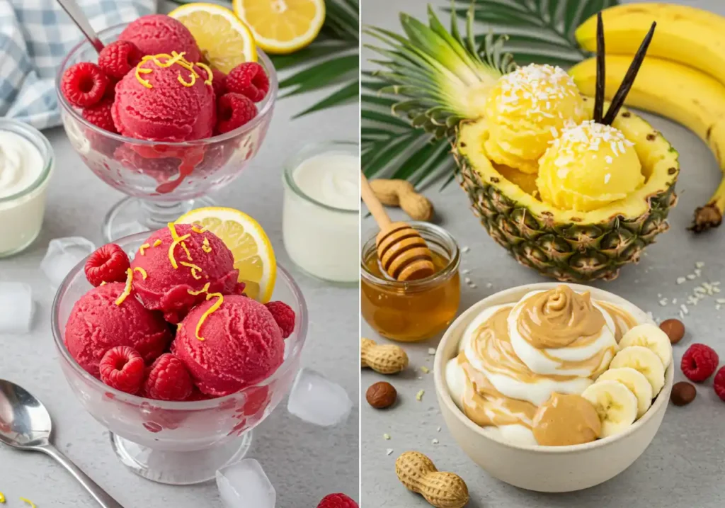 A split image shows raspberry ice cream with lemon and pineapple ice cream served in a pineapple.