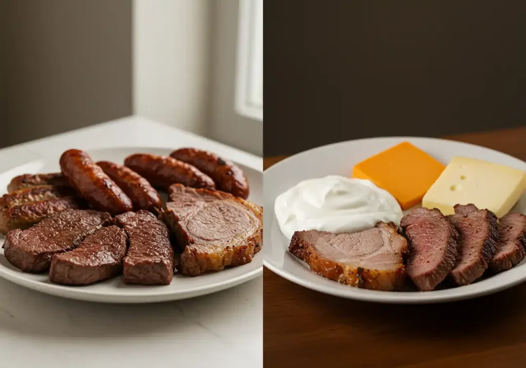 A split image showing a plate of meats and sausages on the left (carnivore) and a plate of meats with cheese and sour cream on the right (ketovore).