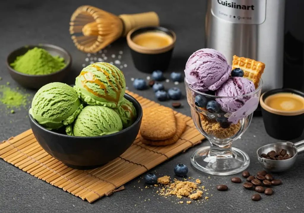 Matcha and blueberry ice cream with a Cuisinart maker in the background.