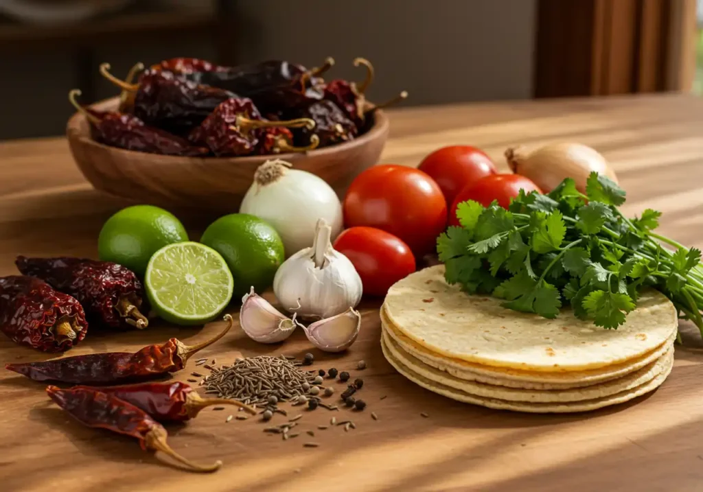 A rustic wooden table with fresh Mexican ingredients including dried chilies, limes, tomatoes, onions, garlic, cilantro, spices, and tortillas.