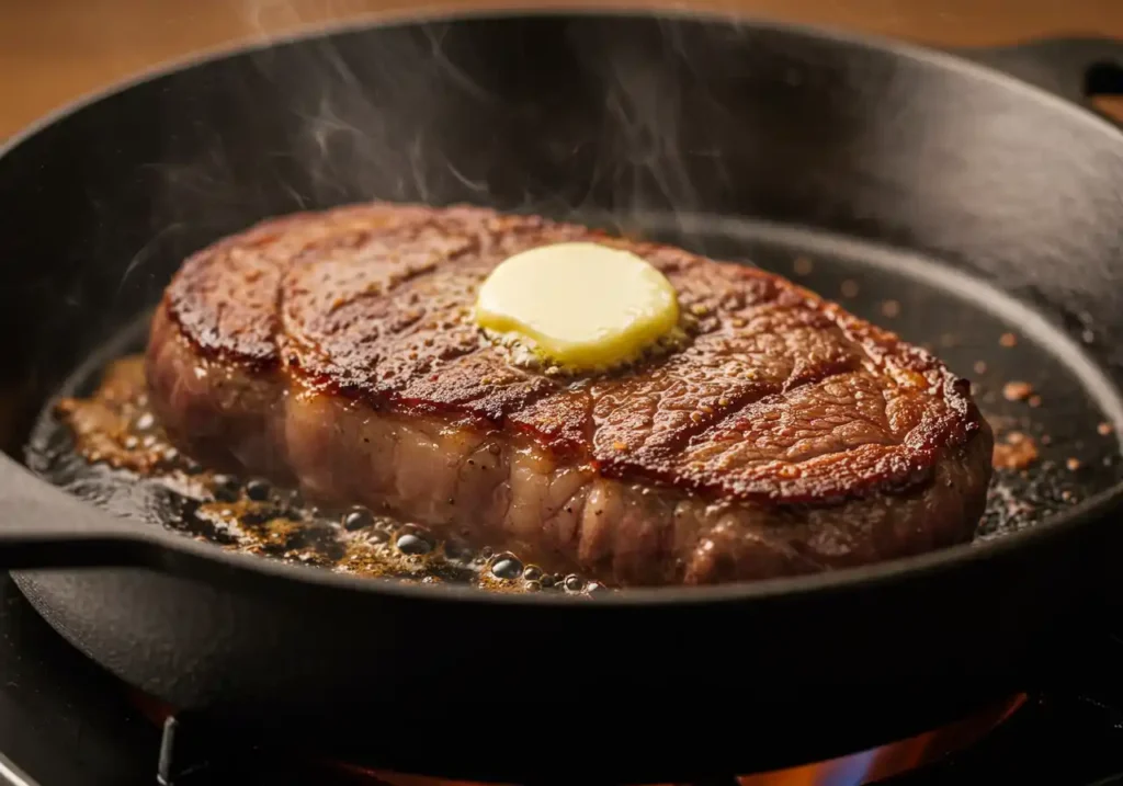 A thick ribeye steak searing in a hot cast iron skillet with melting butter, showing steam rising.