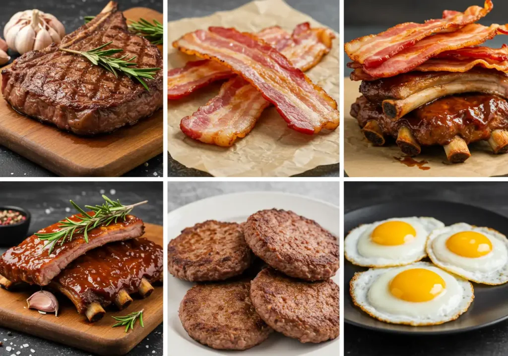 A collage of six images showing various cooked meats: grilled steak, bacon, ribs, ground patties, and fried eggs.