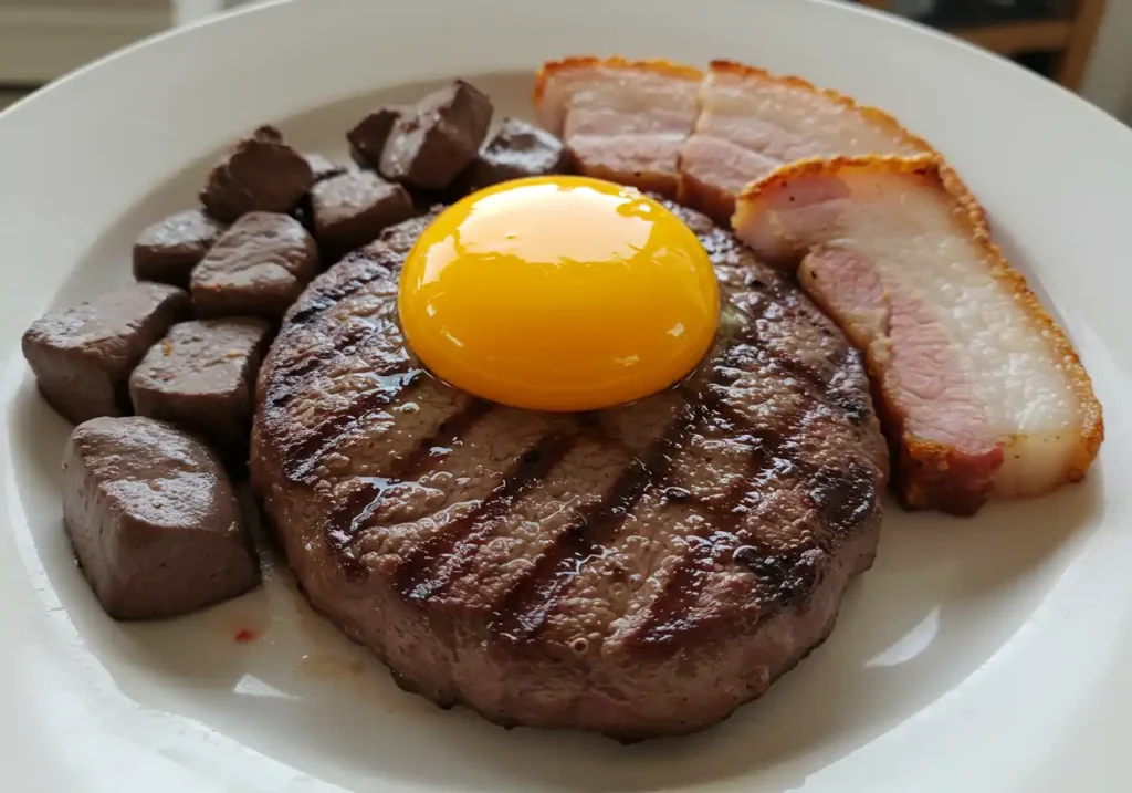 A plate with a grilled meat patty topped with an egg yolk, cubed organ meat, and crispy pork belly slices.