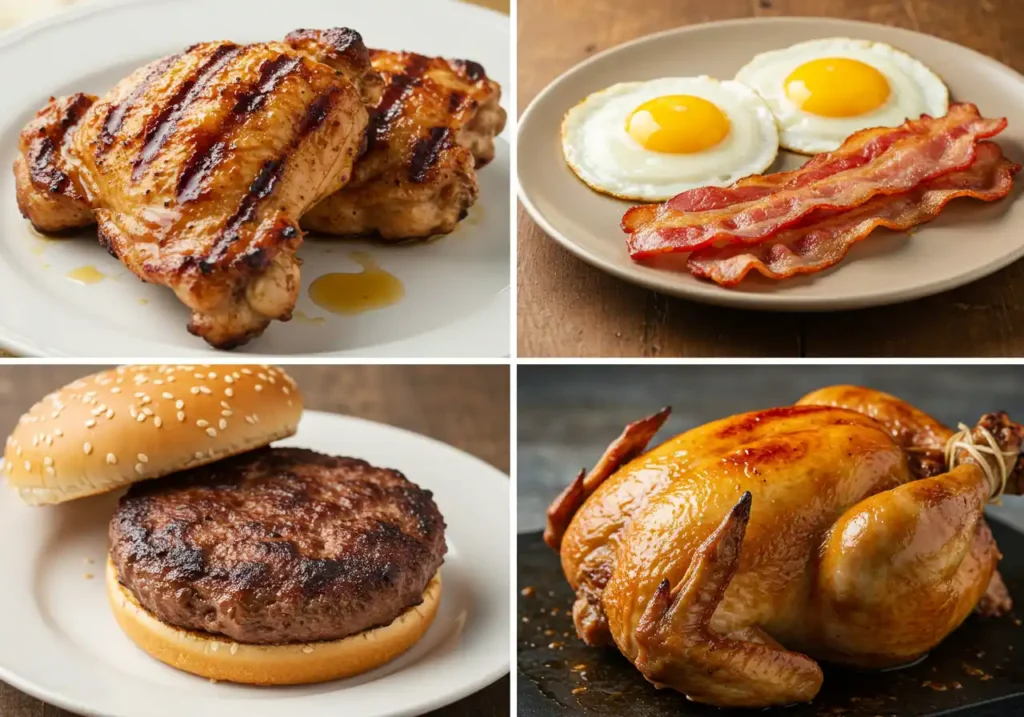 A collage of four images featuring grilled chicken, fried eggs with bacon, a burger patty, and a whole roasted chicken.