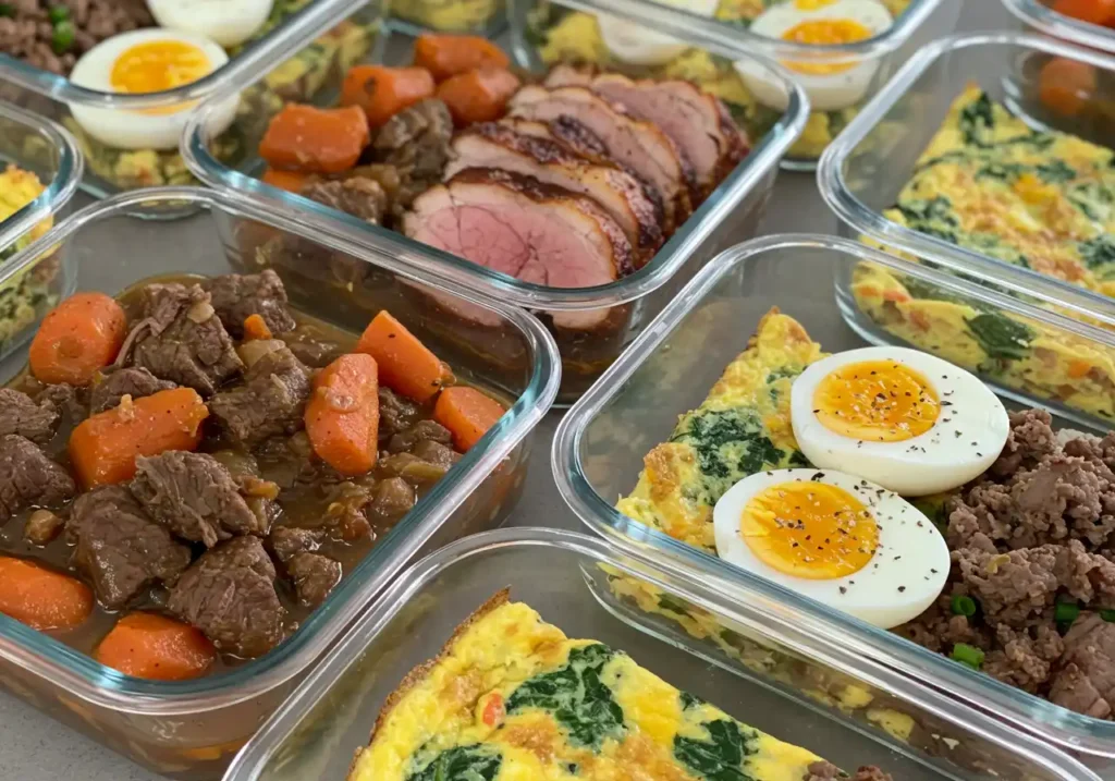 Glass meal prep containers filled with various cooked meats, including sliced duck, beef stew, ground meat, and egg dishes.