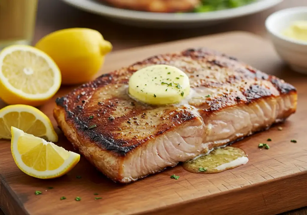 A grilled swordfish steak with melting herb butter and lemon wedges on a wooden board.