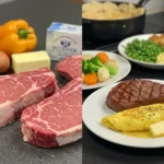 Split image showing raw steaks, eggs, butter, and bell pepper on the left, and a cooked steak, omelet, and vegetable sides on the right.