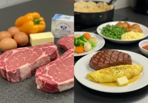 Split image showing raw steaks, eggs, butter, and bell pepper on the left, and a cooked steak, omelet, and vegetable sides on the right.