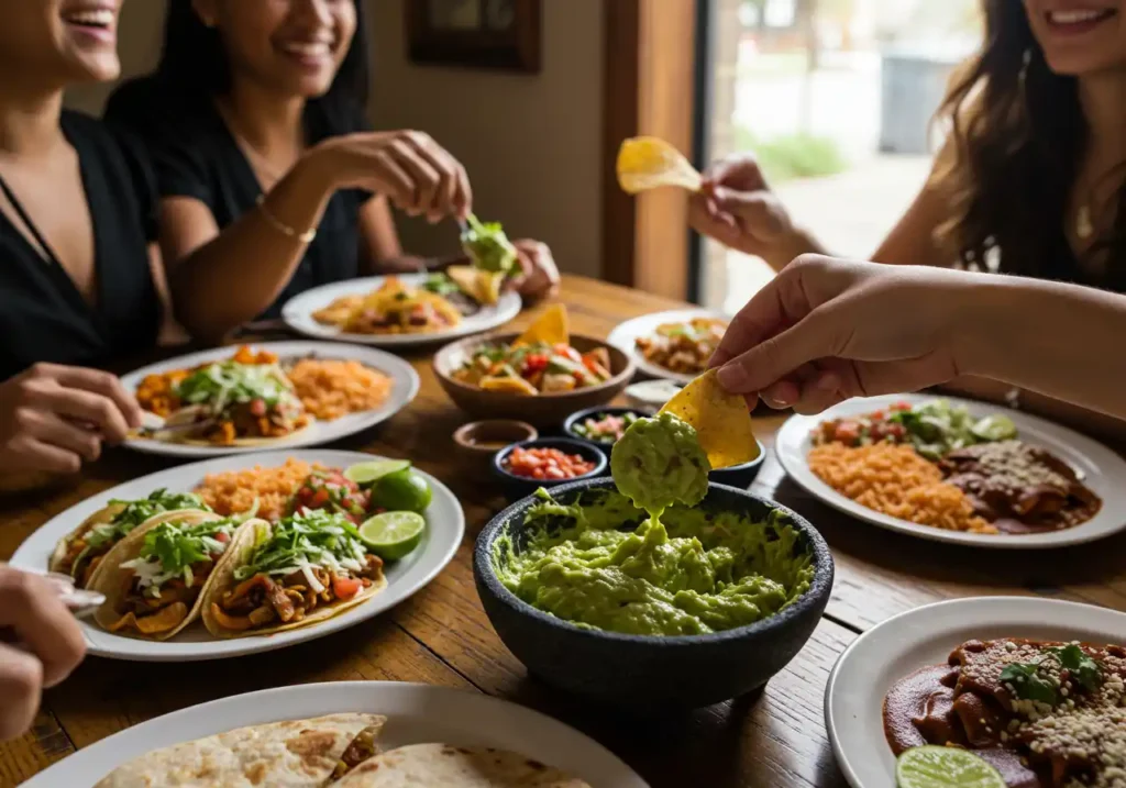 Friends gathered around a table, reaching for and enjoying a spread of Mexican food including tacos, rice, and guacamole.
