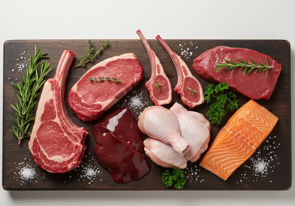 A variety of raw meats including beef, lamb, chicken, and salmon, with herbs and salt on a wooden board.