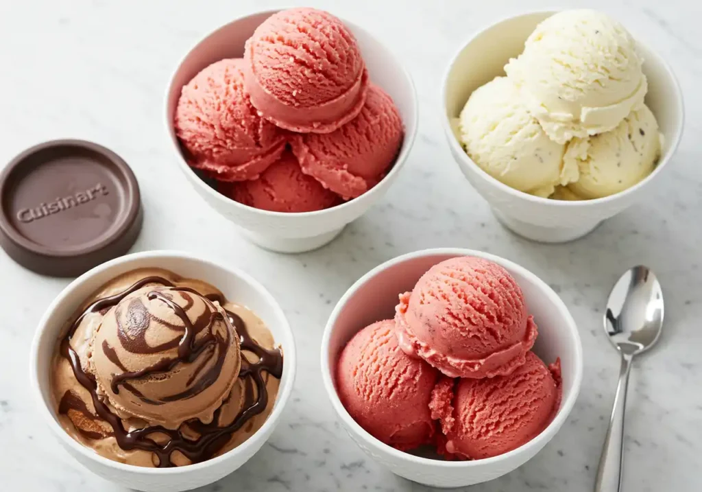 Four bowls of ice cream and sorbet on marble with a Cuisinart lid. Includes chocolate ice cream with sauce, yellow ice cream, and two bowls of red sorbet, showcasing Cuisinart Ice Cream Maker Recipes.