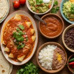 A vibrant overhead view of a Mexican feast with enchiladas, guacamole, rice, black beans, salsa, tortillas, and fresh ingredients.