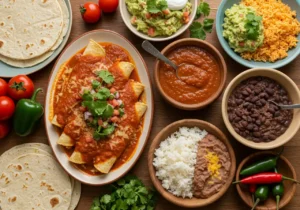 A vibrant overhead view of a Mexican feast with enchiladas, guacamole, rice, black beans, salsa, tortillas, and fresh ingredients.
