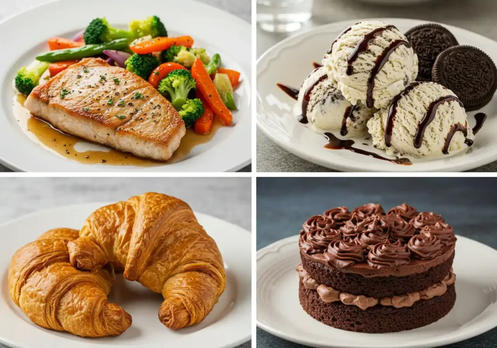 A collage of four diverse dishes: fish with vegetables, ice cream, croissants, and chocolate cake.