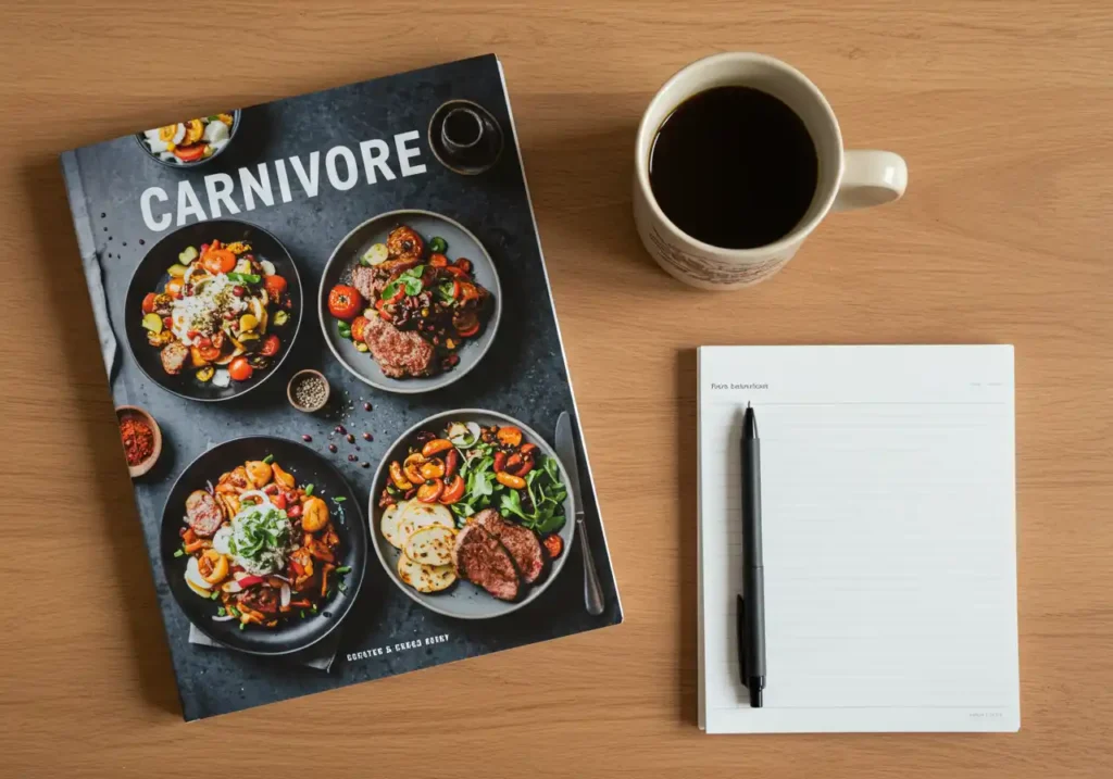 An open "CARNIVORE" recipe book on a wooden desk with a coffee mug and notepad.