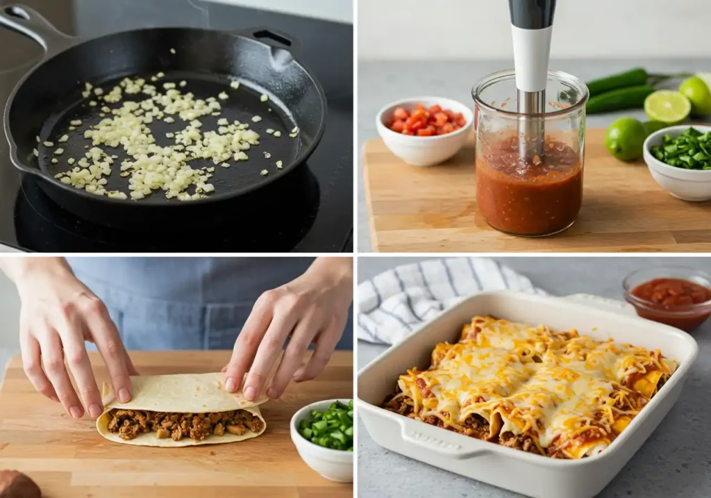 A four-panel image showing the process of making enchiladas: cooking garlic, blending sauce, rolling tortillas with meat filling, and baked enchiladas.