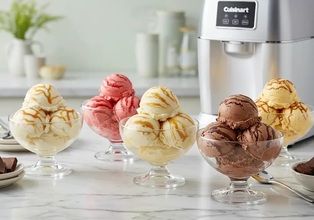 Five glass bowls filled with different flavors of ice cream, including caramel swirl, strawberry, and chocolate, with a Cuisinart ice cream maker in the background.