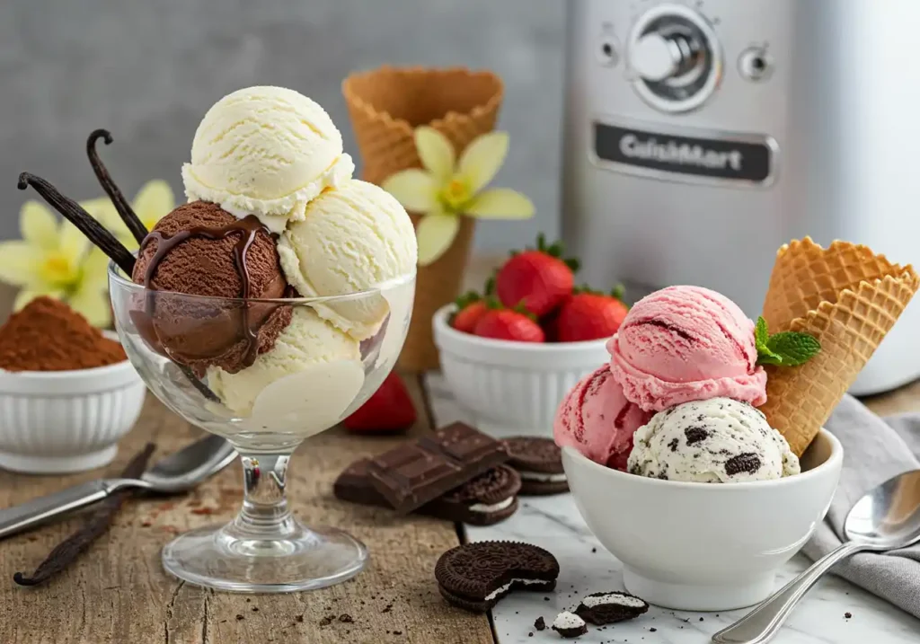 Two bowls of homemade ice cream: vanilla and chocolate in one, strawberry and cookies & cream in the other, with a Cuisinart machine nearby.