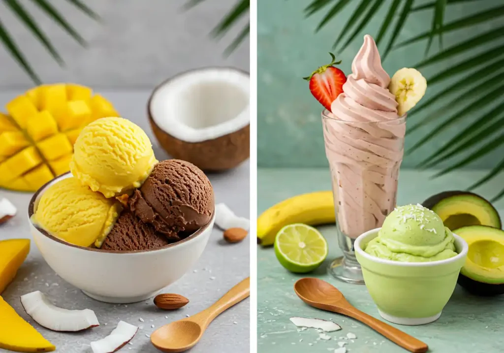 Split image: Mango and chocolate ice cream with coconut, and a pink smoothie with avocado ice cream, showing Cuisinart Ice Cream Maker Recipes.