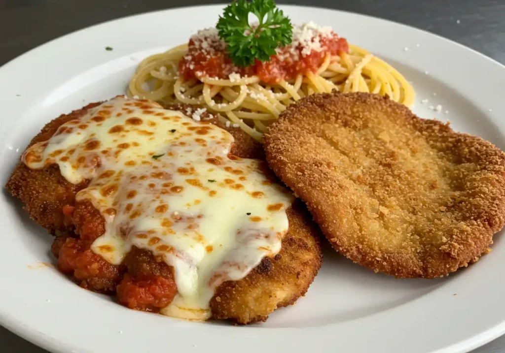 A beautifully plated classic Italian cooking recipes such as chicken parmesan or lasagna, with a rich sauce and fresh garnishes.