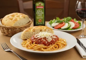A plate of spaghetti with red sauce and Parmesan cheese, served with focaccia bread, a side salad, olive oil, and a glass of red wine.