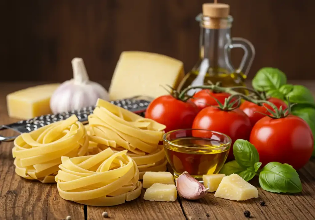 A collection of fresh Italian ingredients including uncooked pasta, tomatoes, garlic, basil, Parmesan cheese, and olive oil, on a wooden table.