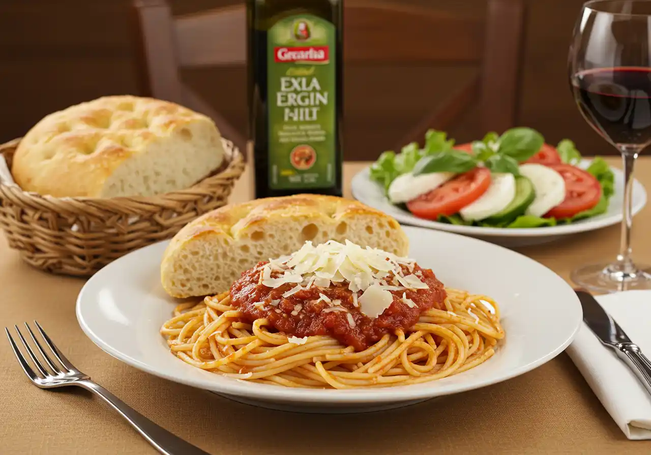 A plate of spaghetti with red sauce and Parmesan cheese, served with focaccia bread, a side salad, olive oil, and a glass of red wine.