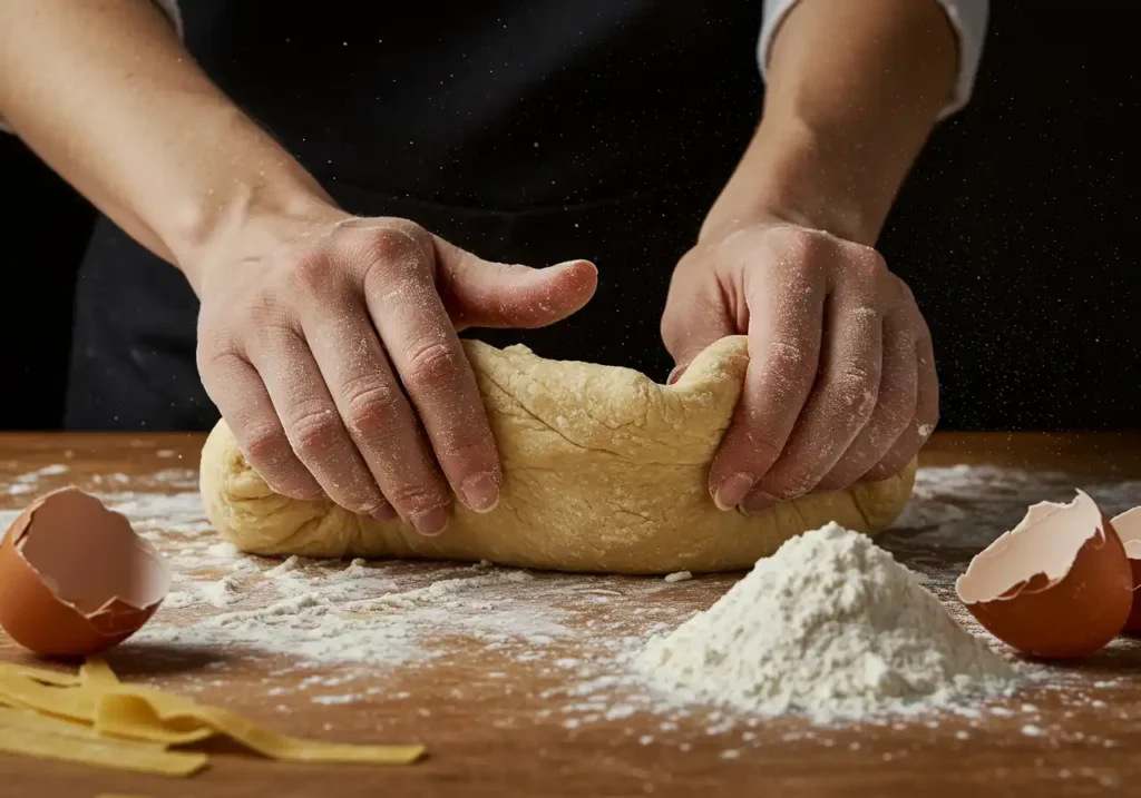 Close-up of hands kneading pasta dough on a wooden surface, surrounded by flour and eggshells.