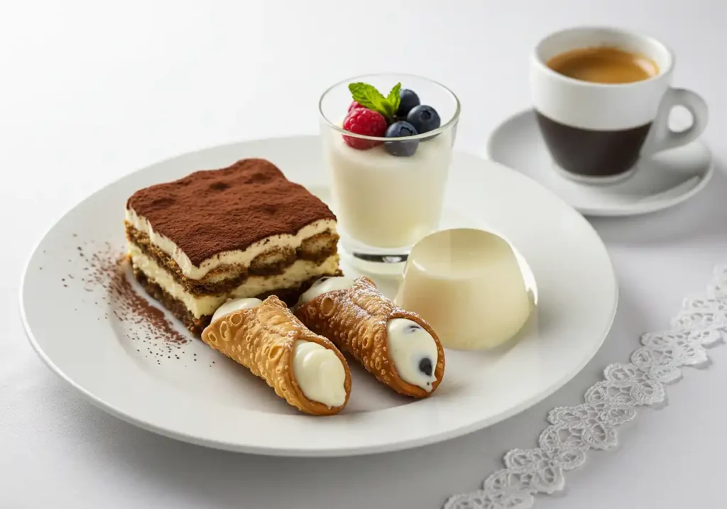 A beautifully arranged platter featuring various Italian desserts such as cannoli, tiramisu slices, panna cotta, and assorted Italian cookies.